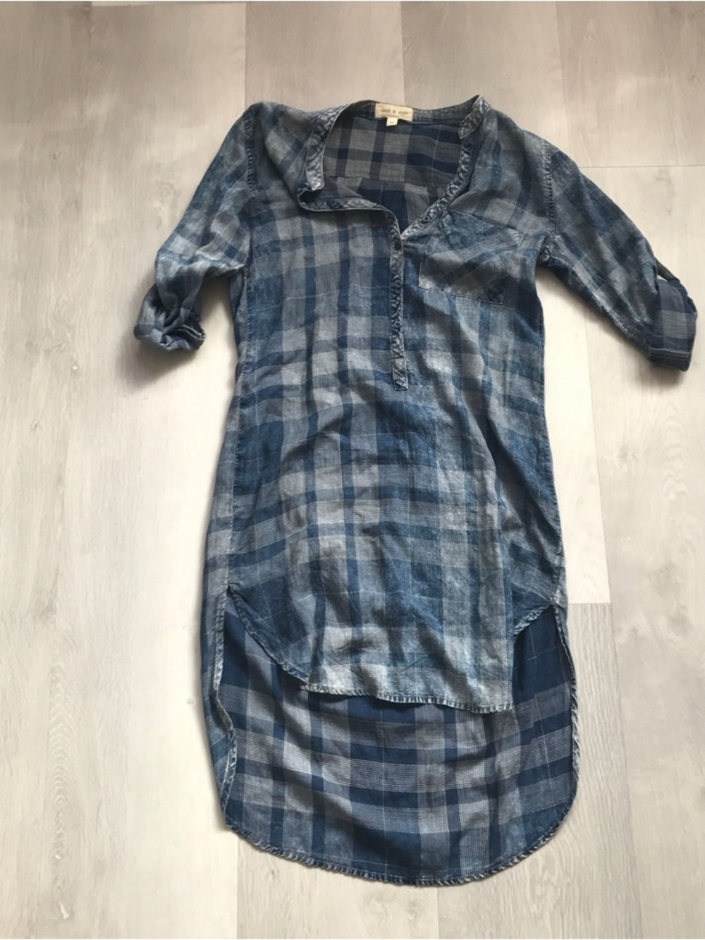 CLOTH & STONE CHECK BLUE TUNIC DRESS ROLL TAB LONG SLEEVE HENLEY WOMENS XS